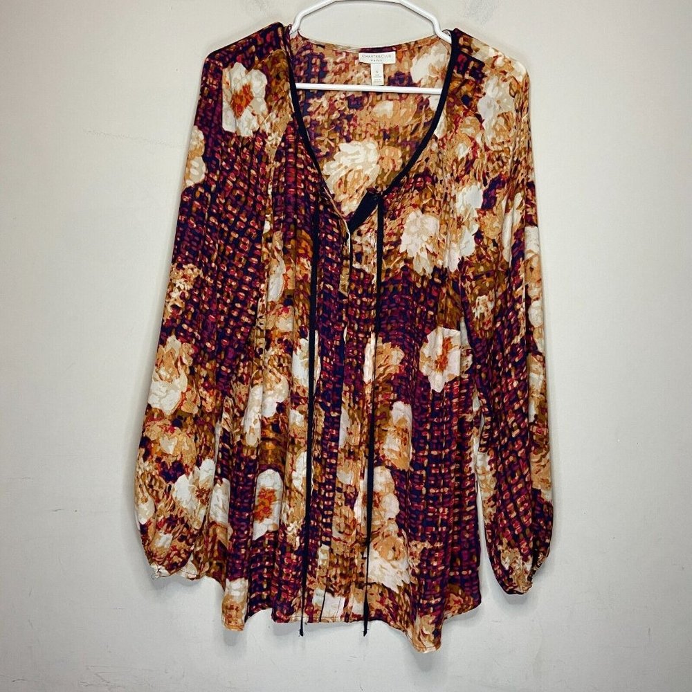 Charter Club Women Plus 1X Floral Blouse Button Up Tassel Long Sleeve Chiffon